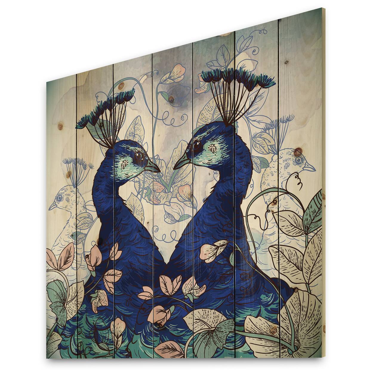 Designart - Two Blue Peacocks With Wildflowers - Traditional Print on Natural Pine Wood